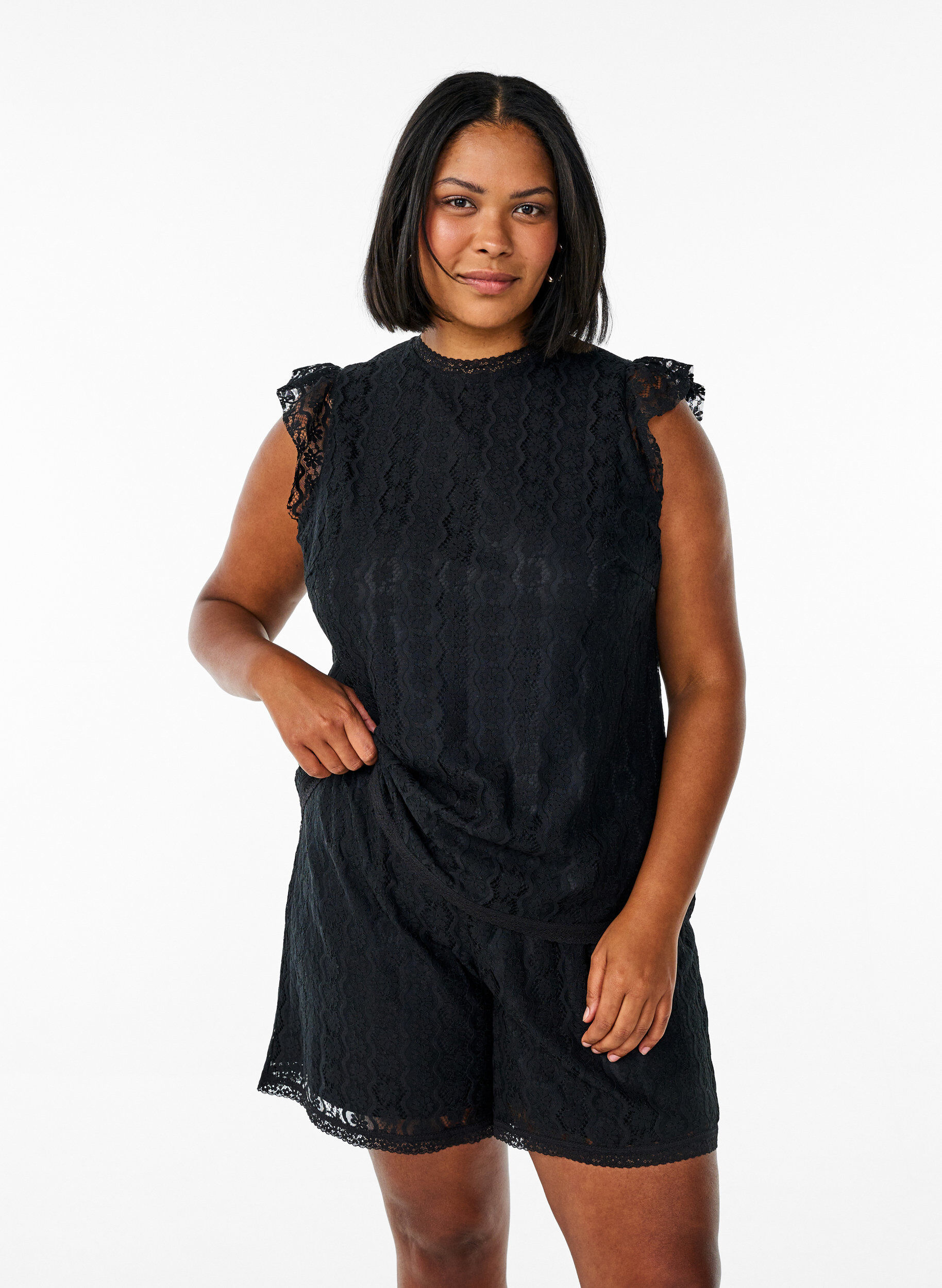 Zizzifashion Lace top with ruffle details, Black, Model image number 0