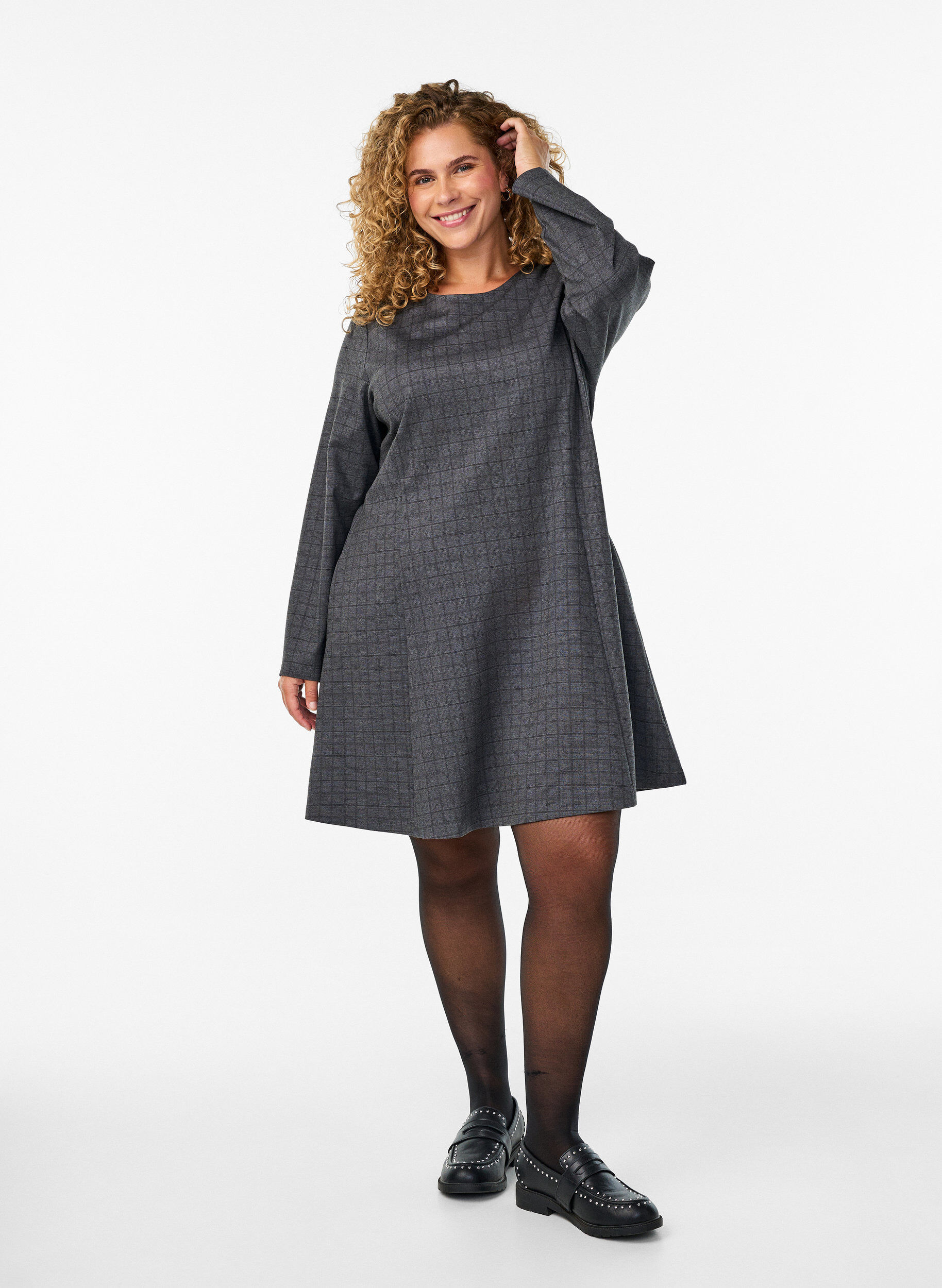 Zizzifashion Short dress with a checked pattern and an A-line shape, Grey, Model image number 1