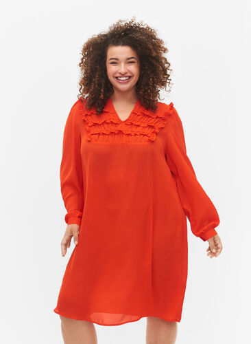 Long sleeve dress with ruffles, Orange.com, Model image number 0