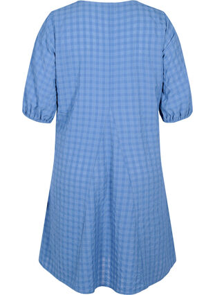 Crepe dress with v-neck and balloon sleeves, Moonlight Blue, Packshot image number 1