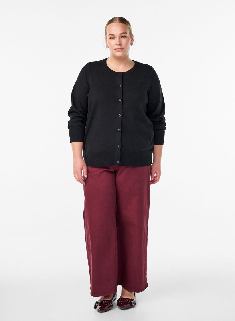 Fine-knit cardigan with round neck, Black, Model image number 1