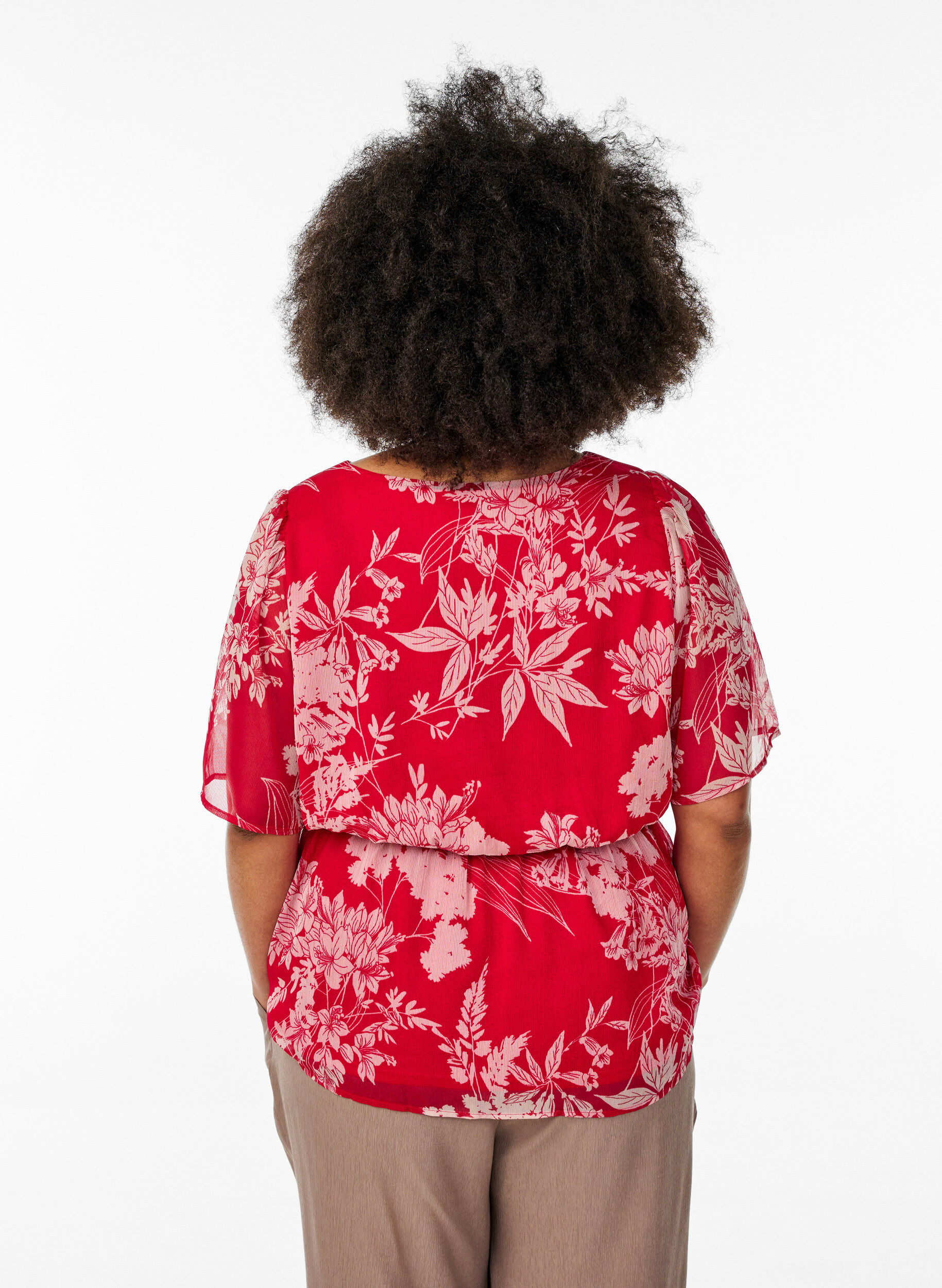 Zizzifashion Floral chiffon blouse with an elasticated waist, Red, Model image number 2