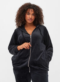 Velour cardigan with zip and hood, Black, Model