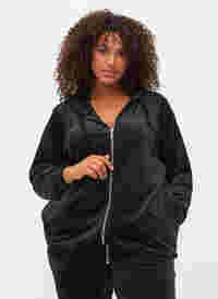 Velour cardigan with zip and hood, Black, Model