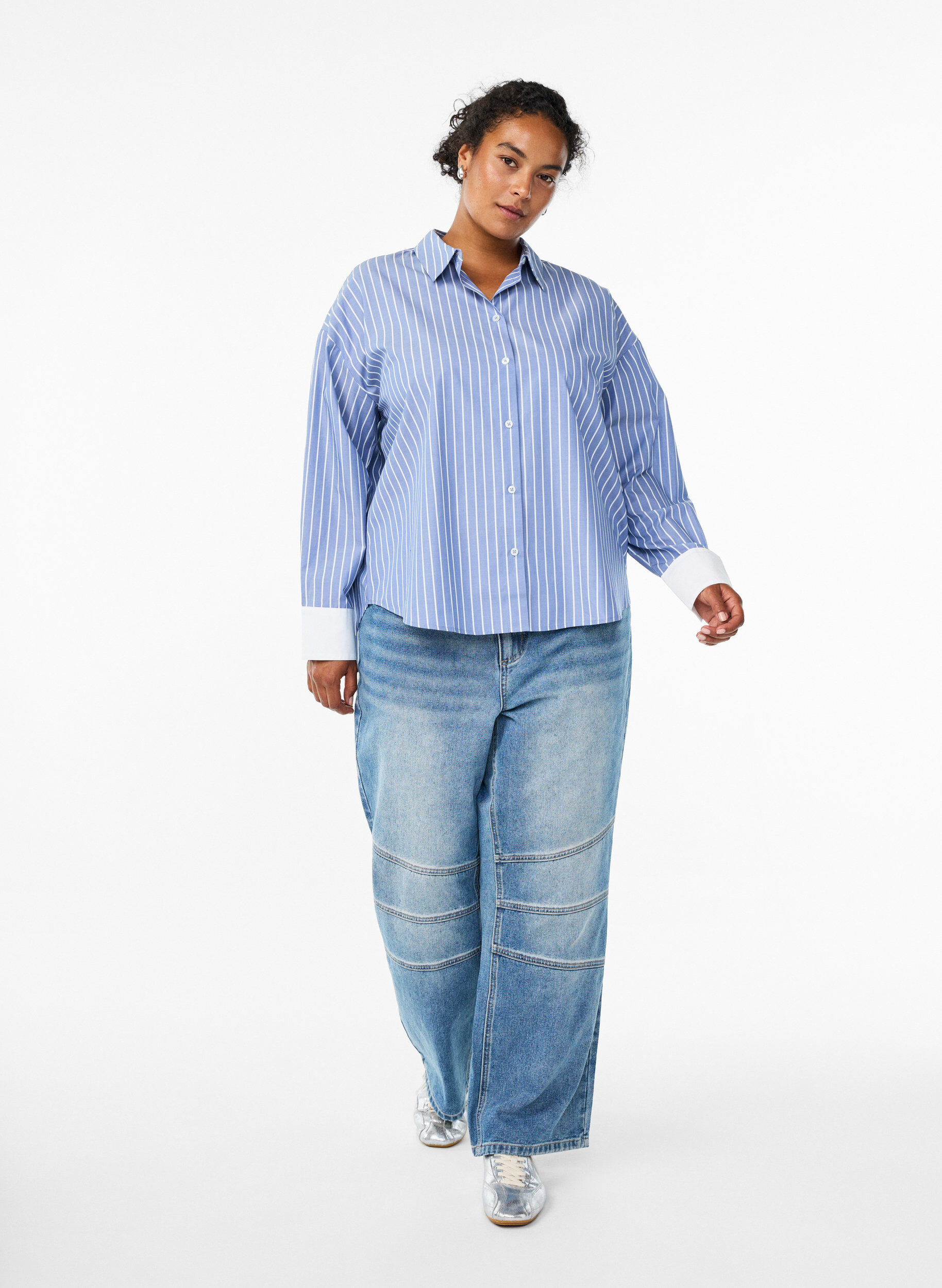 Zizzifashion Striped shirt with contrast cuffs, Blue, Model image number 1