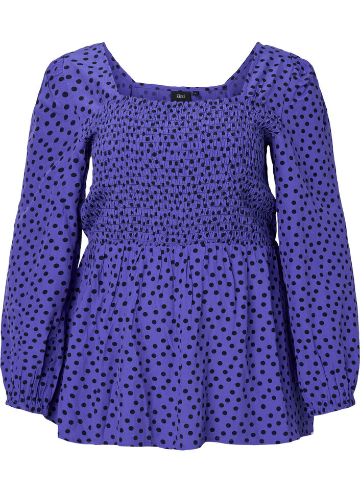 Dotted viscose blouse with smock, R.Blue w. Black Dot, Packshot image number 0