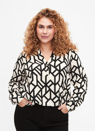 FLASH - Long sleeve blouse with print, Birch Black Graphic, Model image number 0