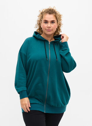 Cardigan with a hood and print, Deep Teal, Model image number 0