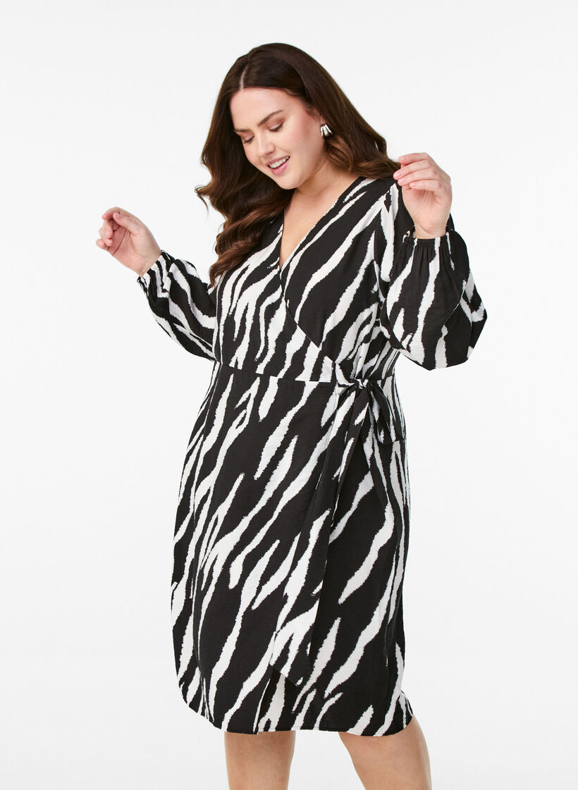 Short zebra print wrap dress, Black, Model image number 0