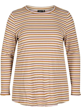 Striped blouse with crew neck and long sleeves, Purple Camel Stripe, Packshot image number 0