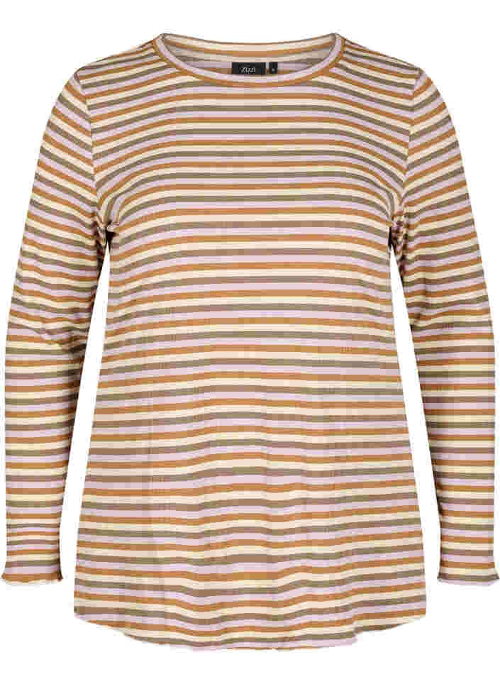 Striped blouse with crew neck and long sleeves, Purple Camel Stripe, Packshot image number 0