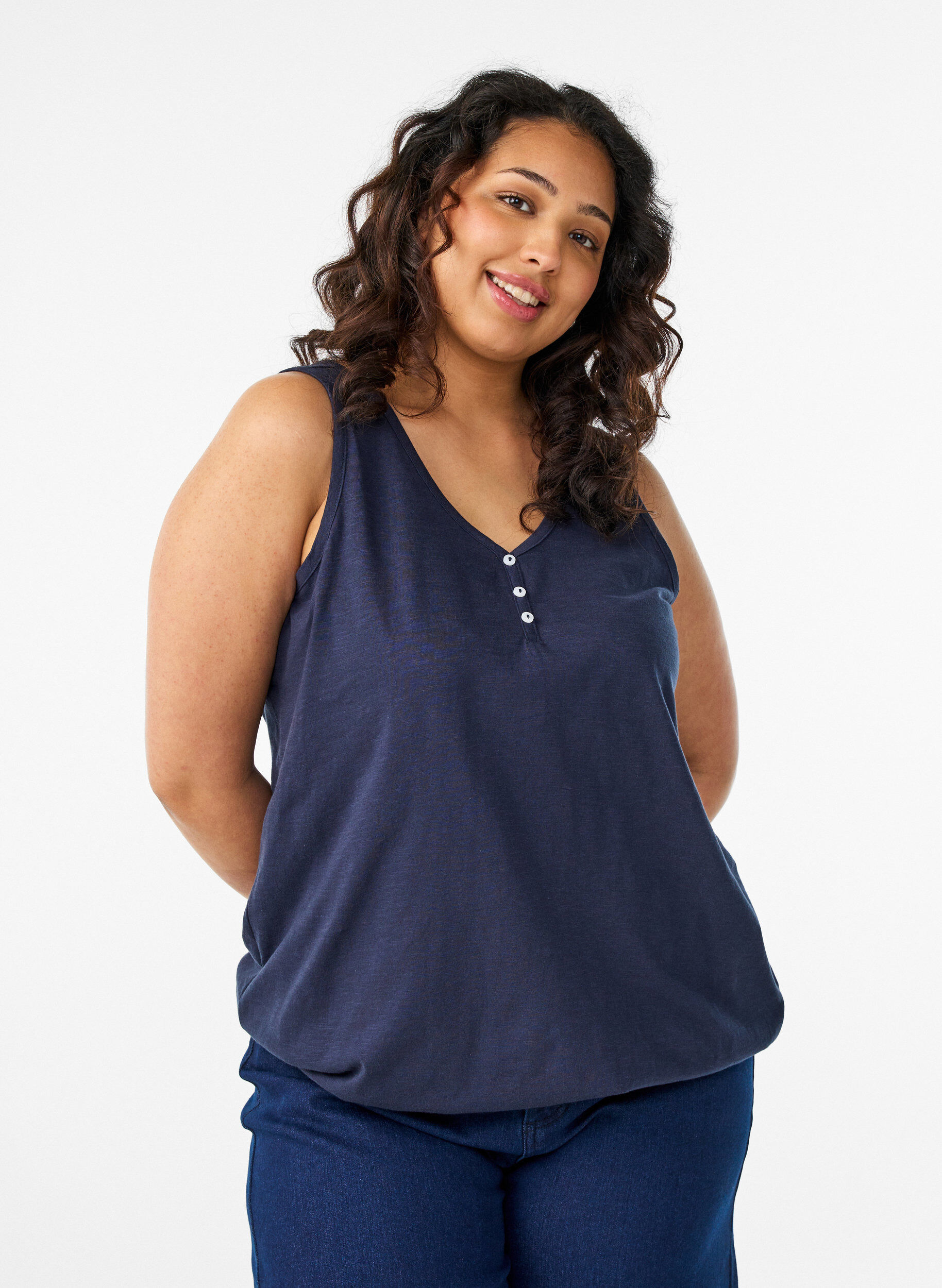 ZizzifashionTank top in organic cotton with V-neck and buttons, Blue, Model image number 0