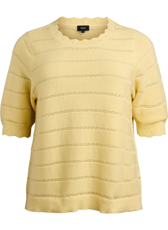 Knitted blouse with a striped openwork pattern and short sleeves, Yellow, Packshot image number 0