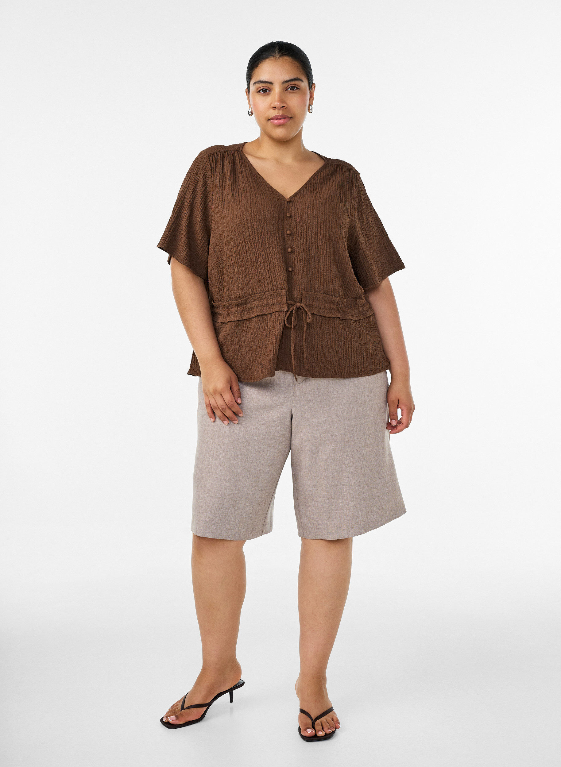 ZizzifashionBlouse with texture and a tie-waist, Brown, Model image number 1