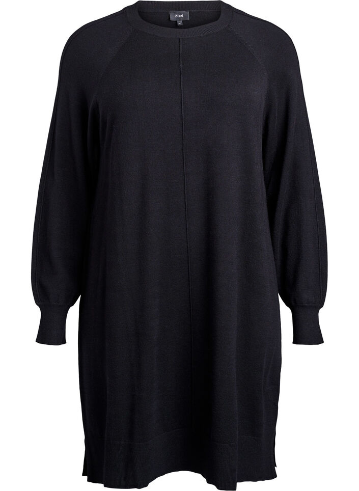 Short knitted dress with raglan sleeves and a centre seam, Black, Packshot image number 0