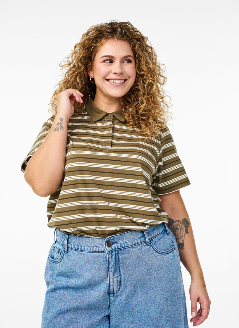 Striped polo shirt with short sleeves, Green, Model image number 0