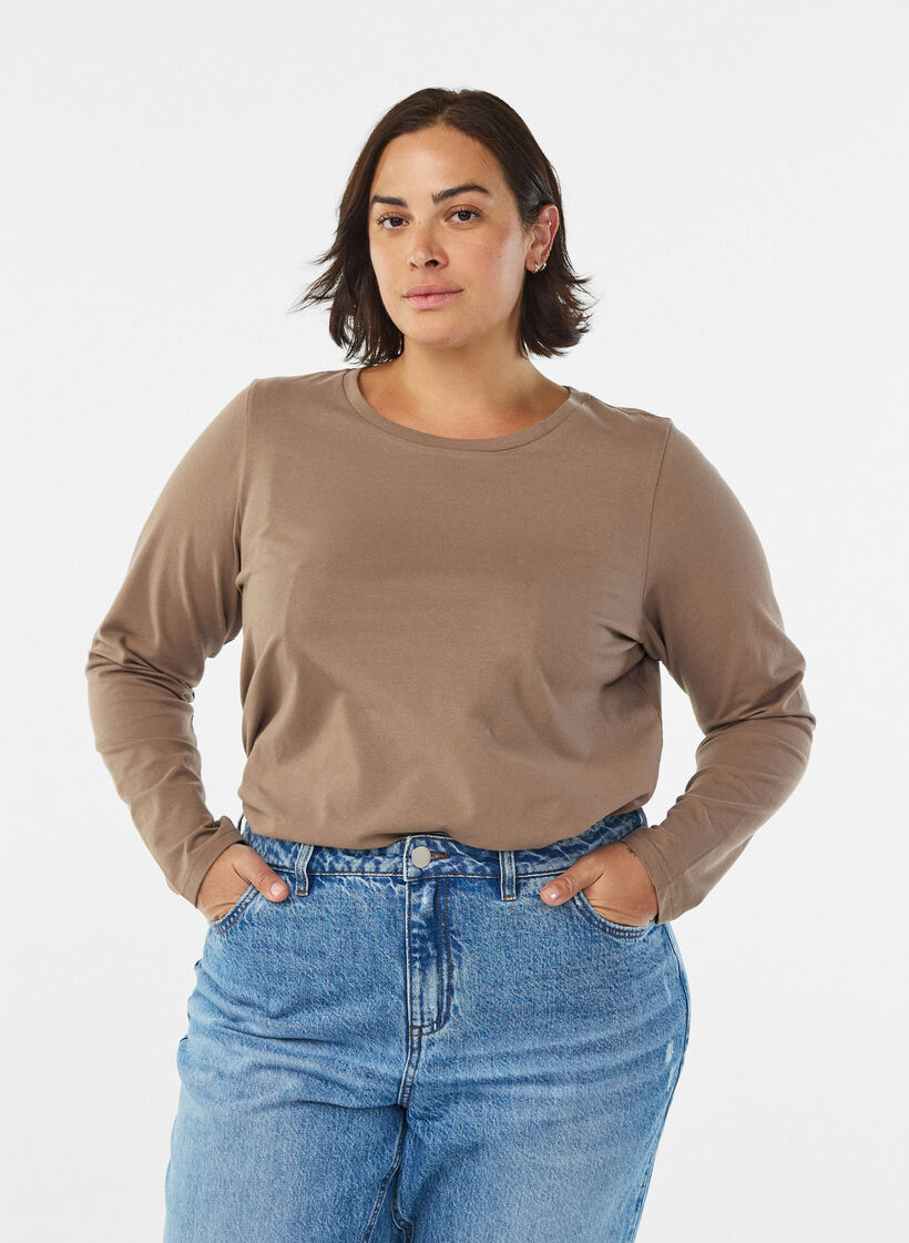 Basic jersey blouse with long sleeves, Brown, Model image number 0