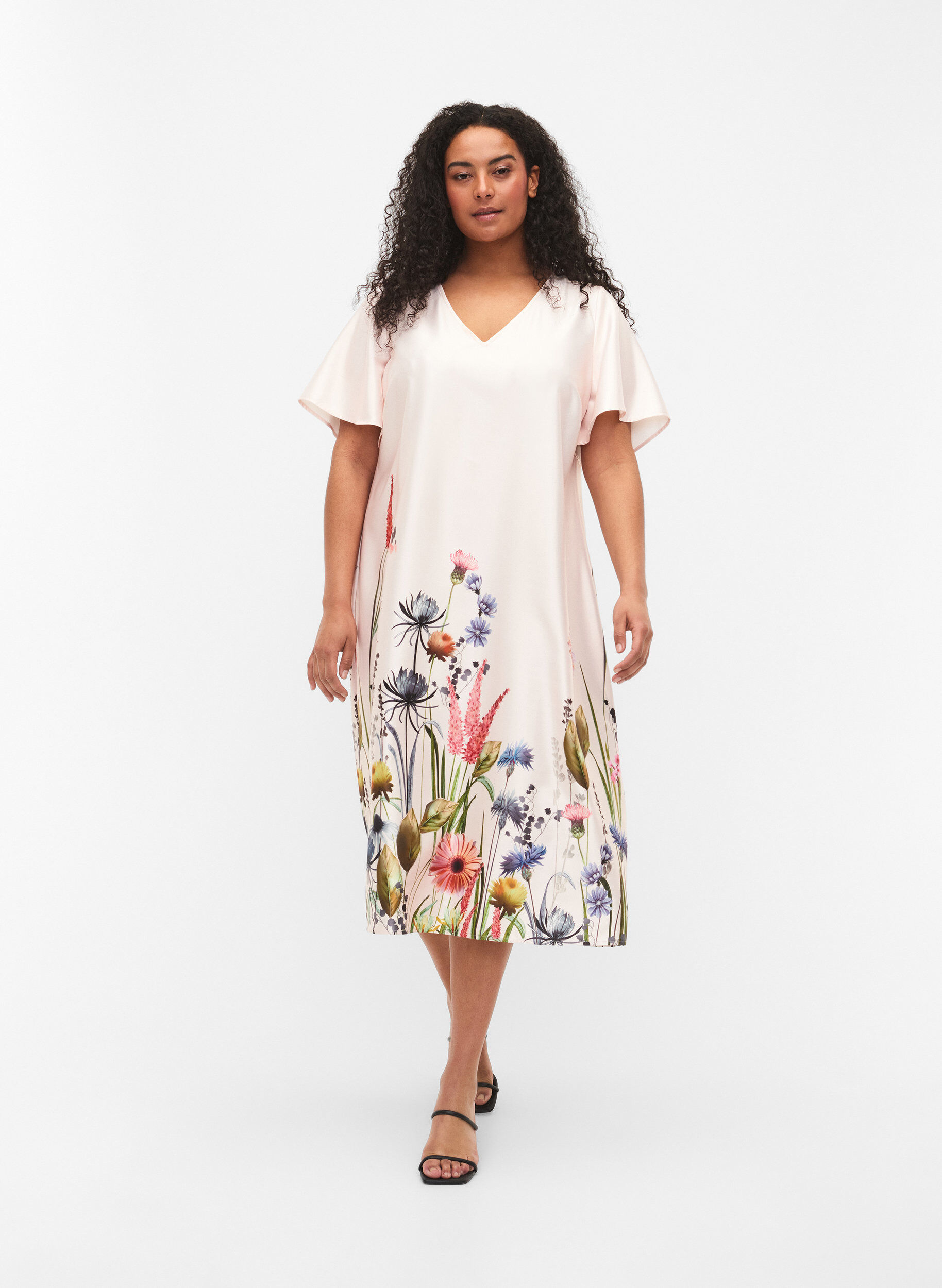 Zizzifashion Midi dress with floral print and short sleeves, White Sand, Model image number 0