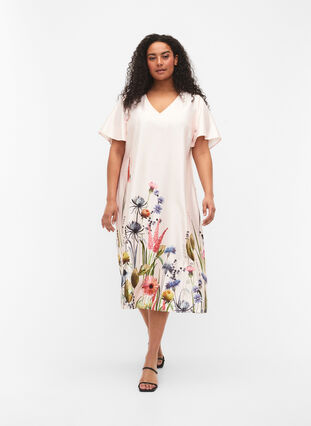 Floral print midi dress with short sleeves, White Sand, Model image number 0