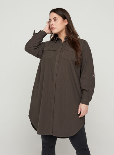 Long cotton shirt with chest pockets, Khaki Green, Model image number 0