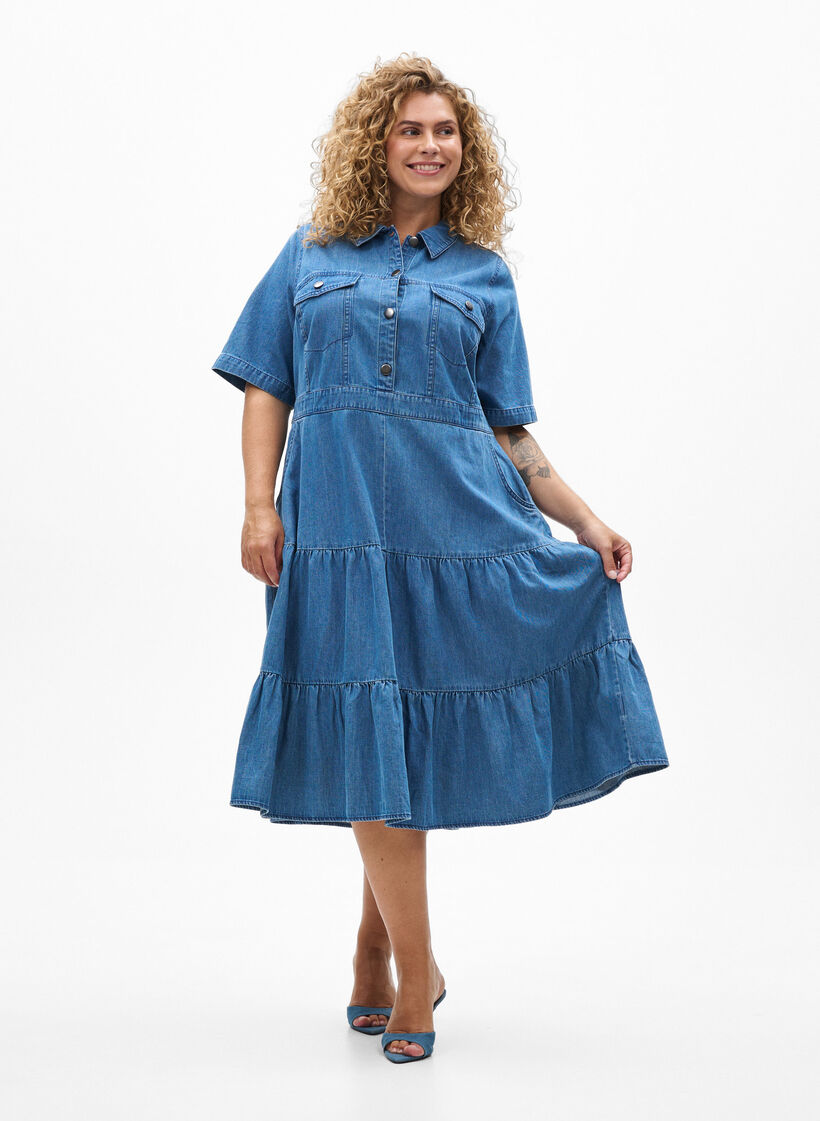 Midi denim dress with buttons and short sleeves, Blue, Model image number 1