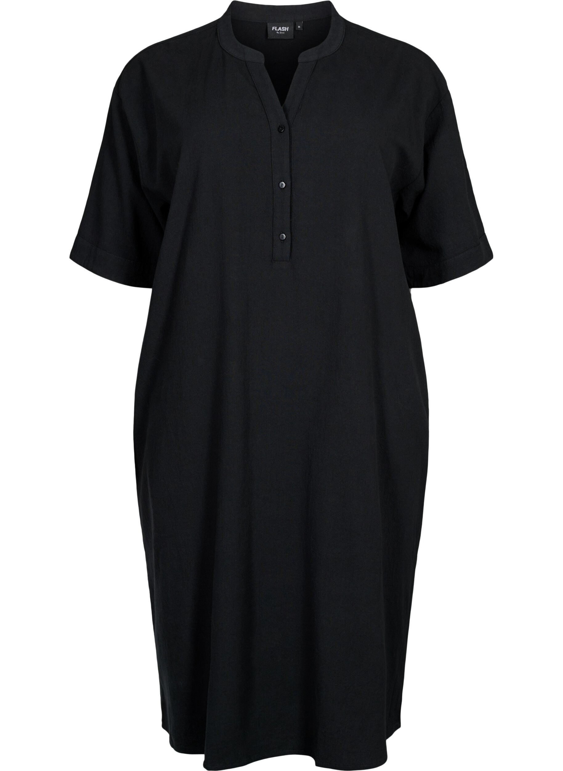 Zizzifashion FLASH - Short sleeved midi dress in cotton, Black, Packshot image number 0
