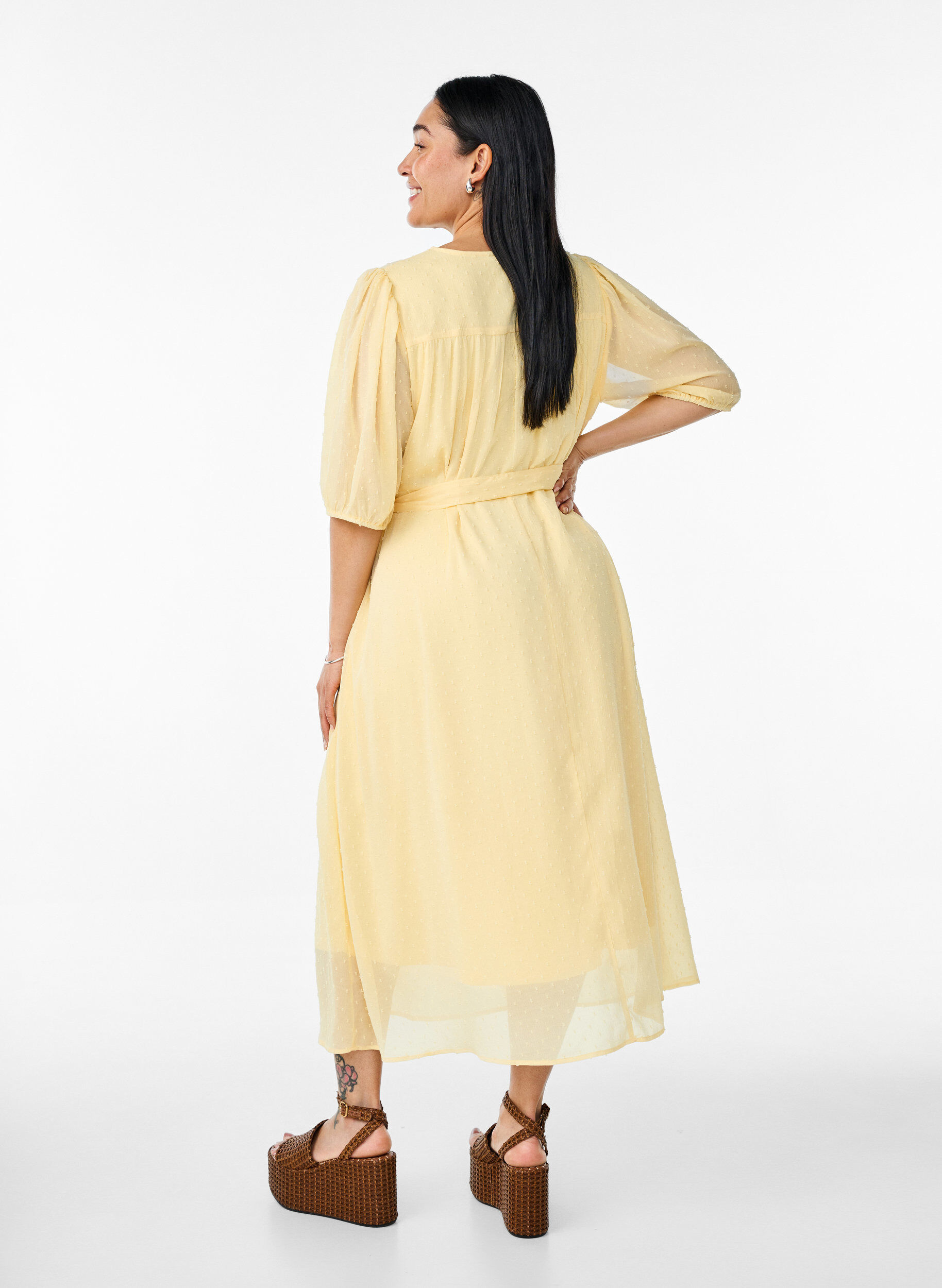 ZizzifashionV-neck midi dress with tie fastening, Yellow, Model image number 1