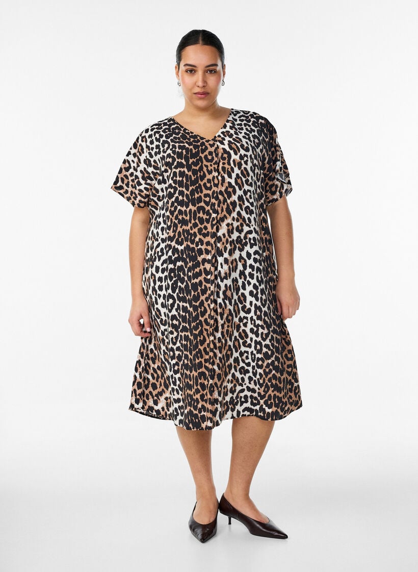 V-neck dress in viscose, Brown, Model image number 0