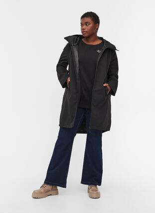 Long, hooded ski jacket with pockets, Black w/Black, Model image number 2