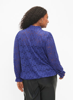 Long-sleeved lace blouse with smock, Deep Ultramarine, Model image number 1