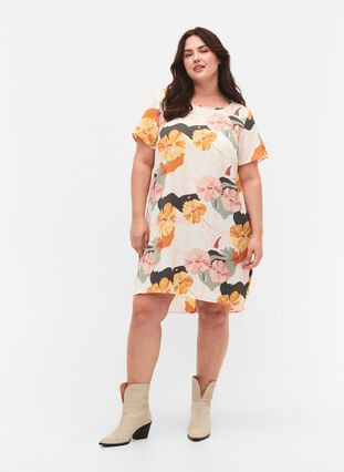 Dress with print and short sleeves, Rose Big Flower, Model image number 2