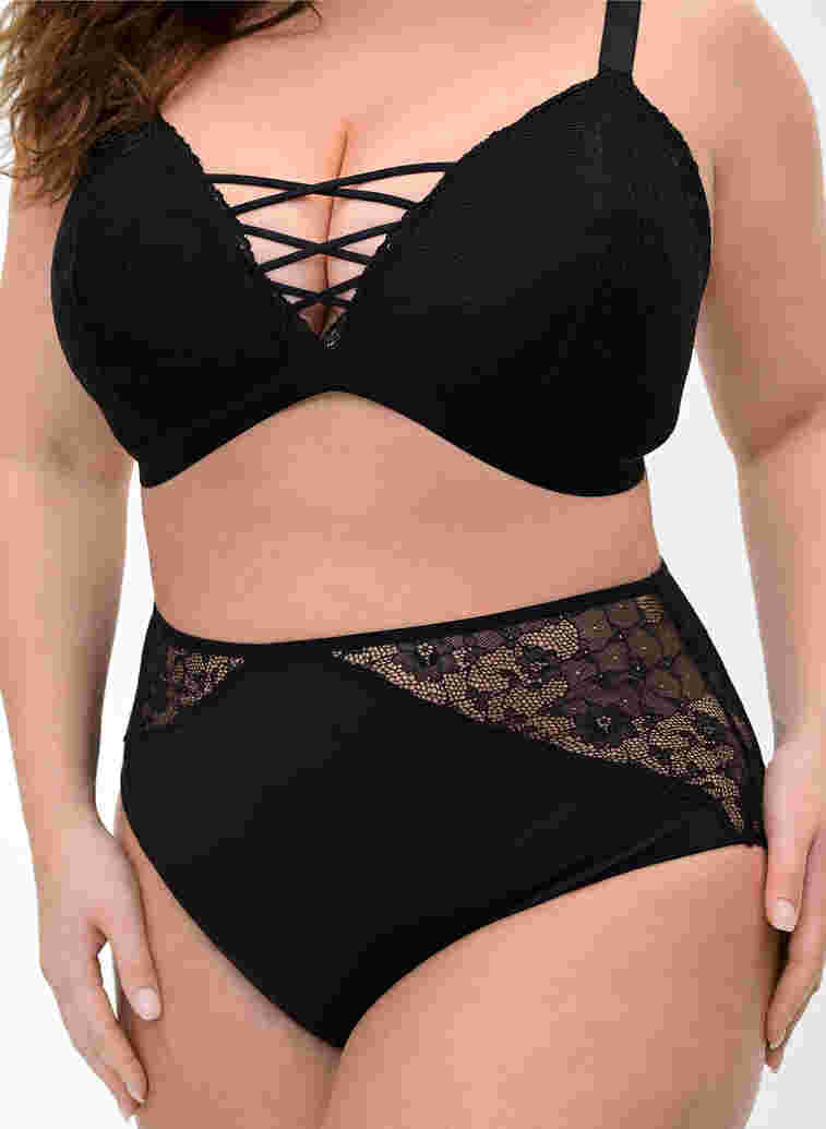 High-waisted underwear with lace, Black, Model image number 2