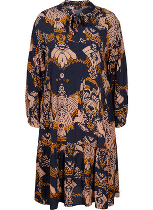 Printed midi dress in viscose with ruffled collar, Night Sky Art AOP, Packshot image number 0