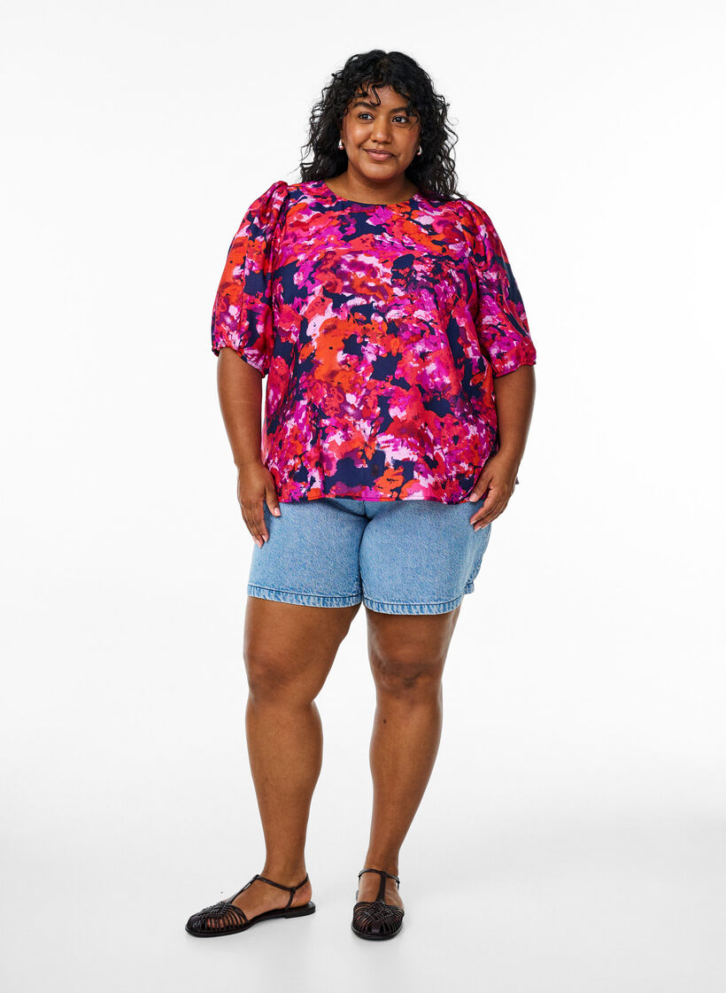 Blouse with 1/2 sleeves and a colourful print, Pink, Model image number 1