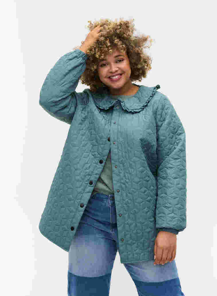 Quilted jacket with collar and frills, Sagebrush Green, Model image number 0