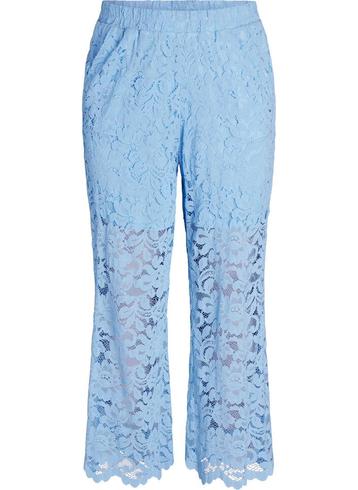 High-waisted lace trousers with straight legs, Blue, Packshot image number 0