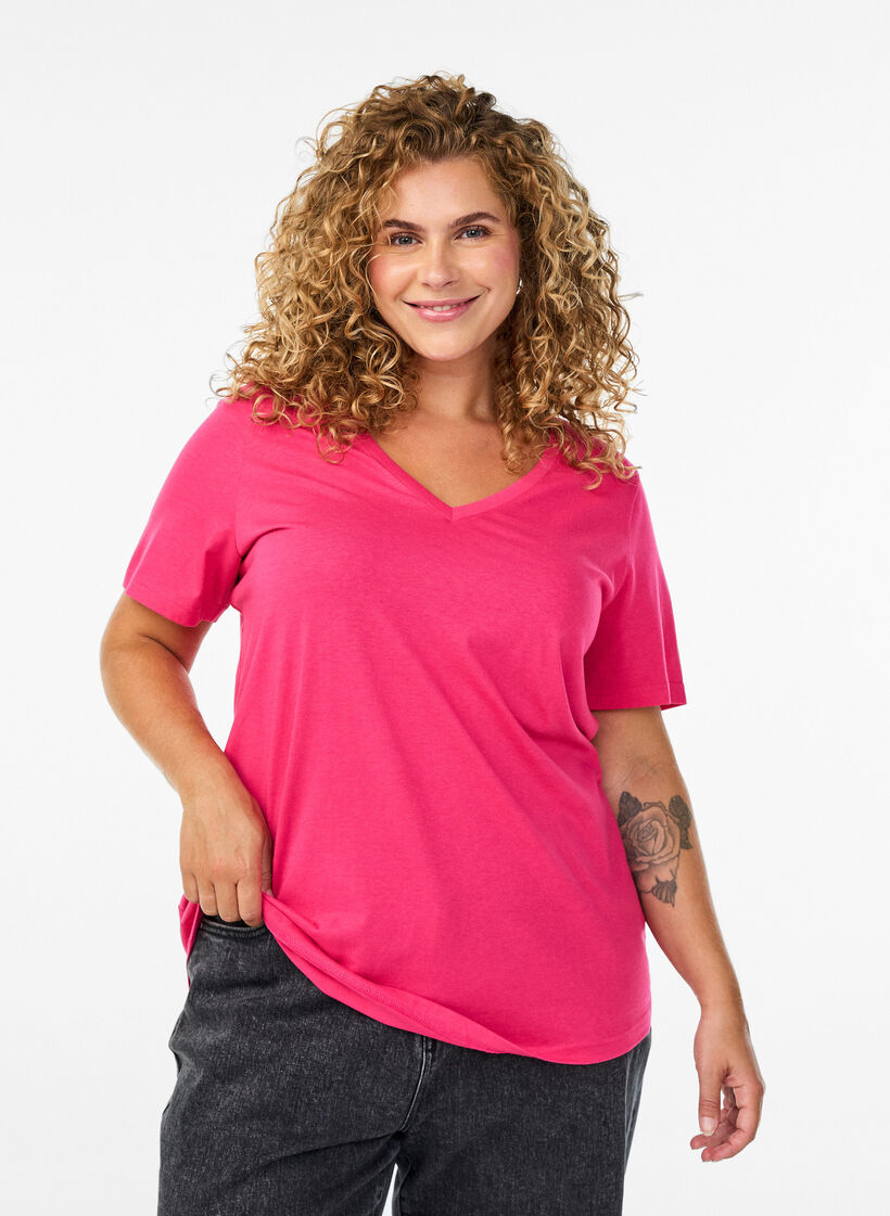 Short sleeve t-shirt with v-neckline, Pink, Model image number 0