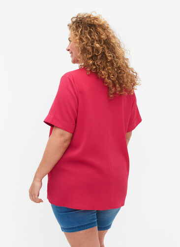 Short-sleeved v-neck blouse, Bright Rose, Model image number 1