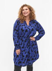 SHOCK PRICE - Printed dress with drawstring at the waist, Black Blue AOP, Model