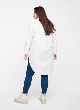 Long cotton shirt with chest pockets, White, Model image number 1