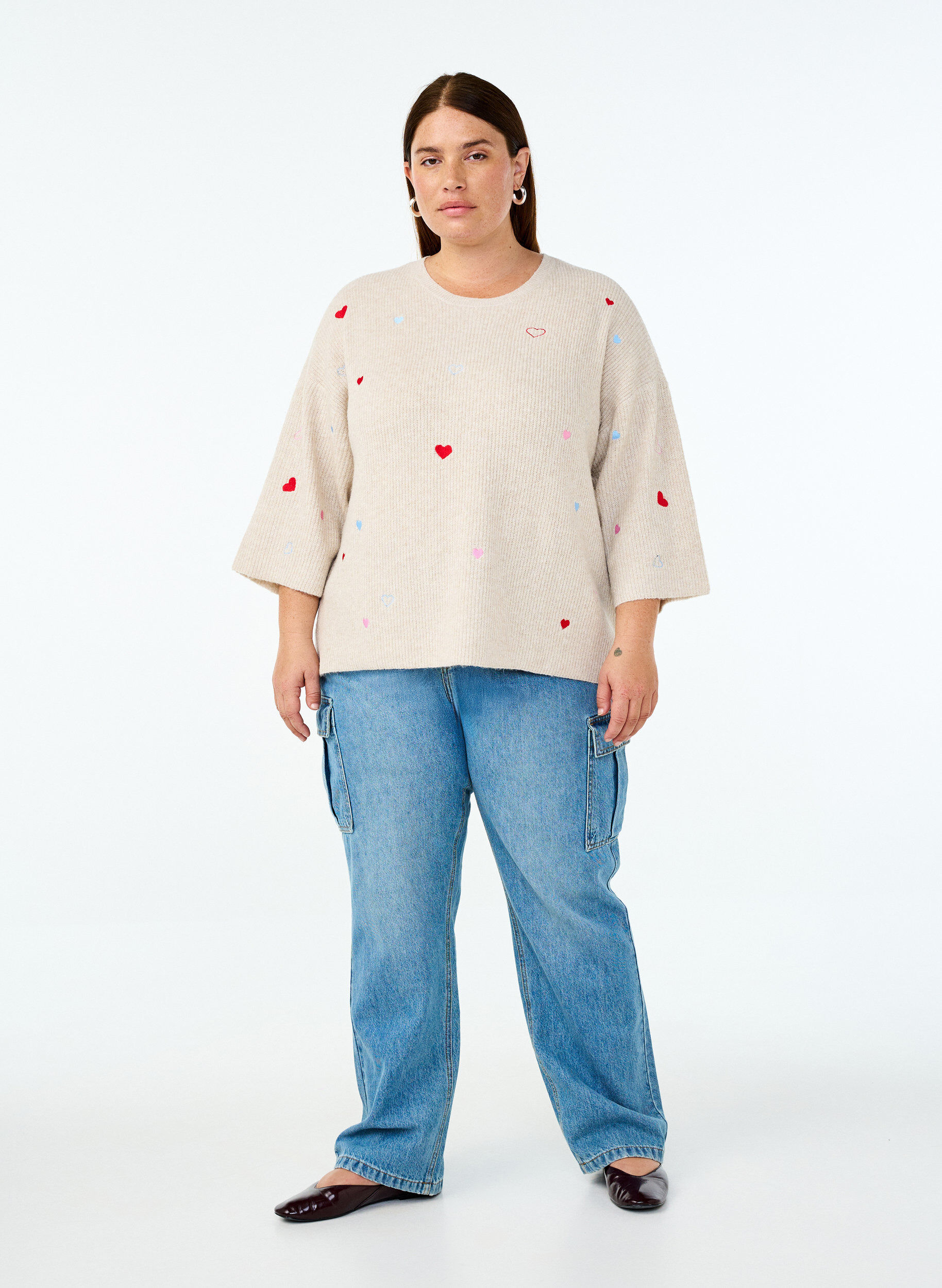Zizzifashion Knitted blouse with hearts and 3/4 sleeves, Beige, Model image number 1