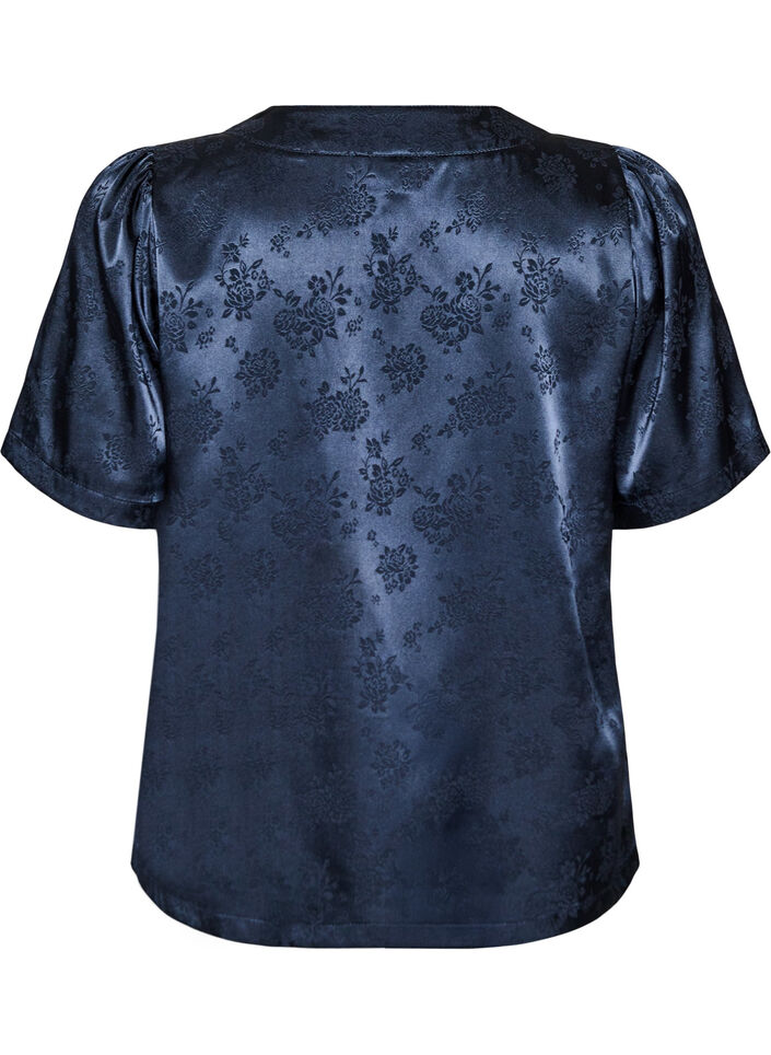 Satin blouse with floral print and V-neck, Blue, Packshot image number 1