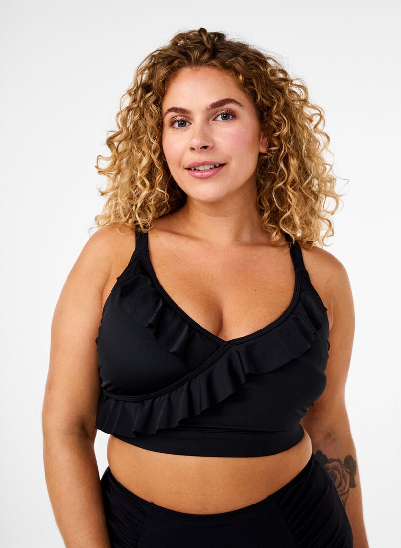 Bikini top with ruffles and removable pads, Black, Model image number 0