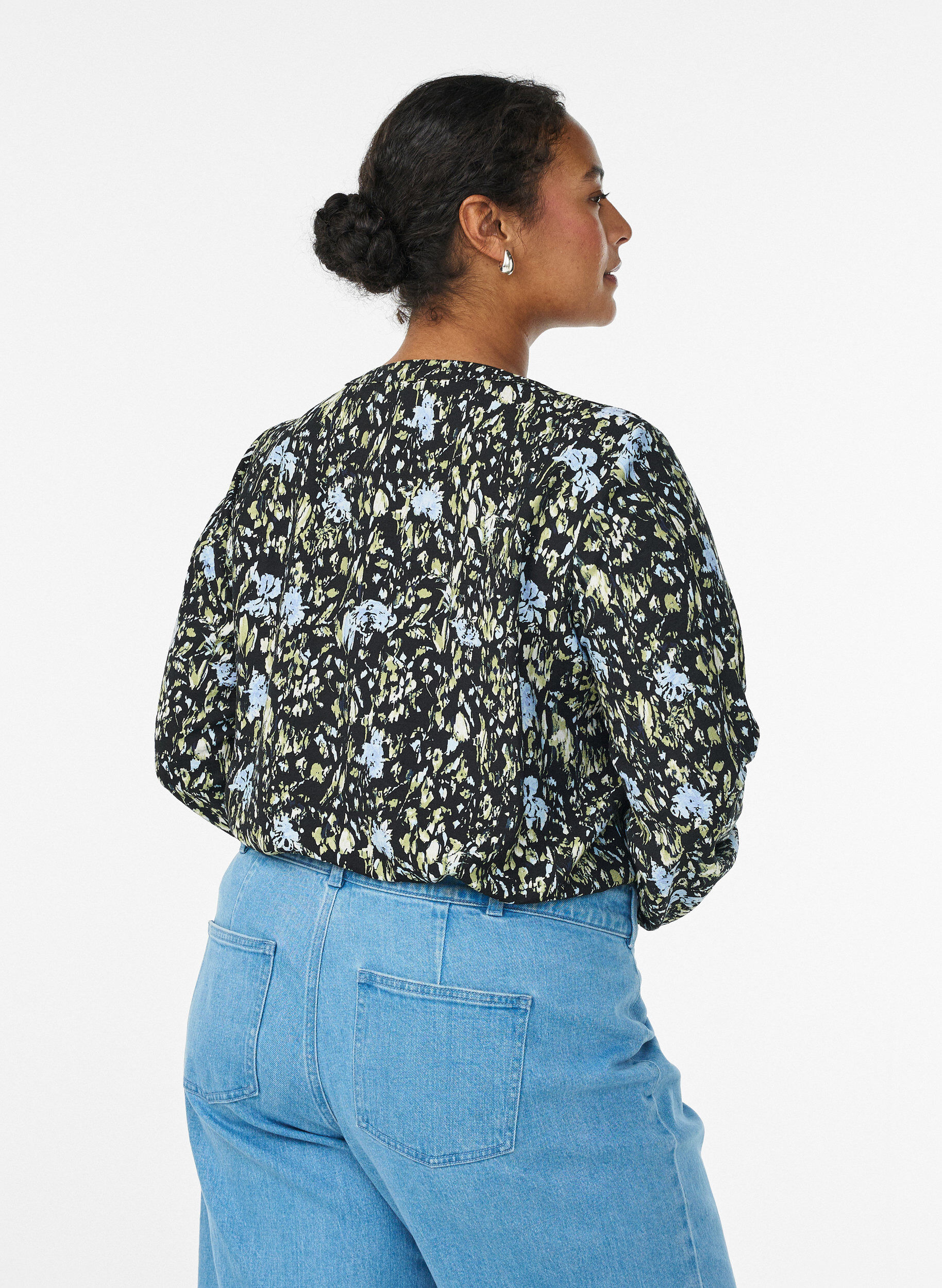 Zizzifashion Long-sleeved blouse with pattern and buttons, Black, Model image number 2