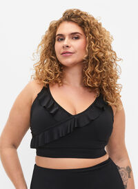 Bikini top with ruffles and removable pads, Black, Model