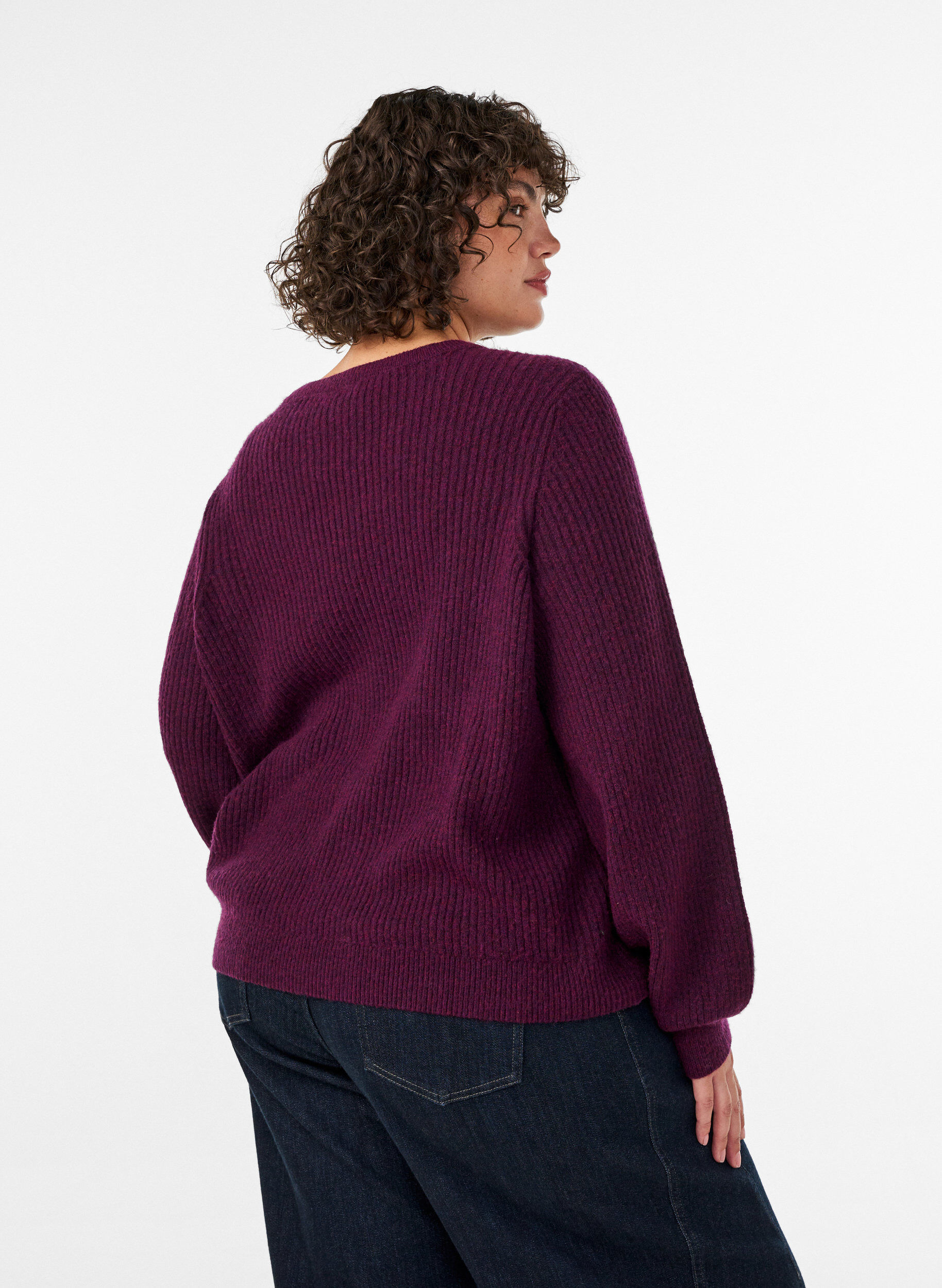 ZizzifashionRibbed jumper with balloon sleeves, Purple, Model image number 2