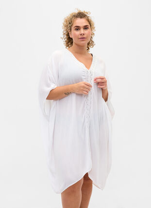 Viscose beach dress with lace details, Bright White, Model image number 0
