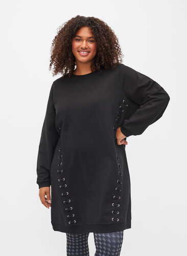 Cotton sweatshirt tunic with lace details, Black, Model image number 0