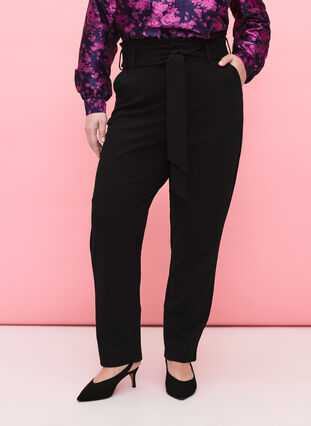 High-waisted trousers with ruffles and tie string, Black, Model image number 2