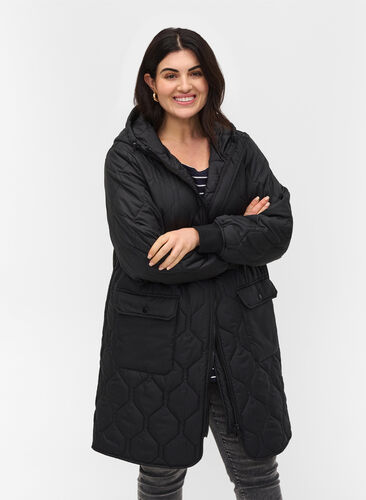 Hooded quilted jacket with large pockets, Black, Model image number 0